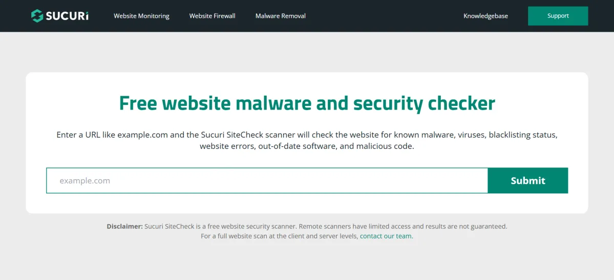 Sucuri SiteCheck free website malware and security scanner for checking websites for malware, vulnerabilities, and blacklist status.