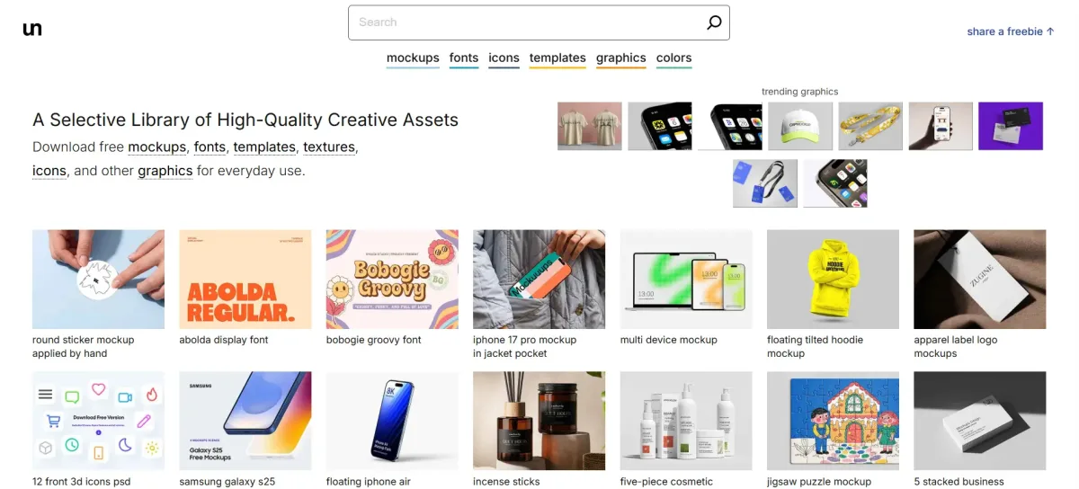 Unblast homepage featuring free mockups, fonts, templates, and creative design assets