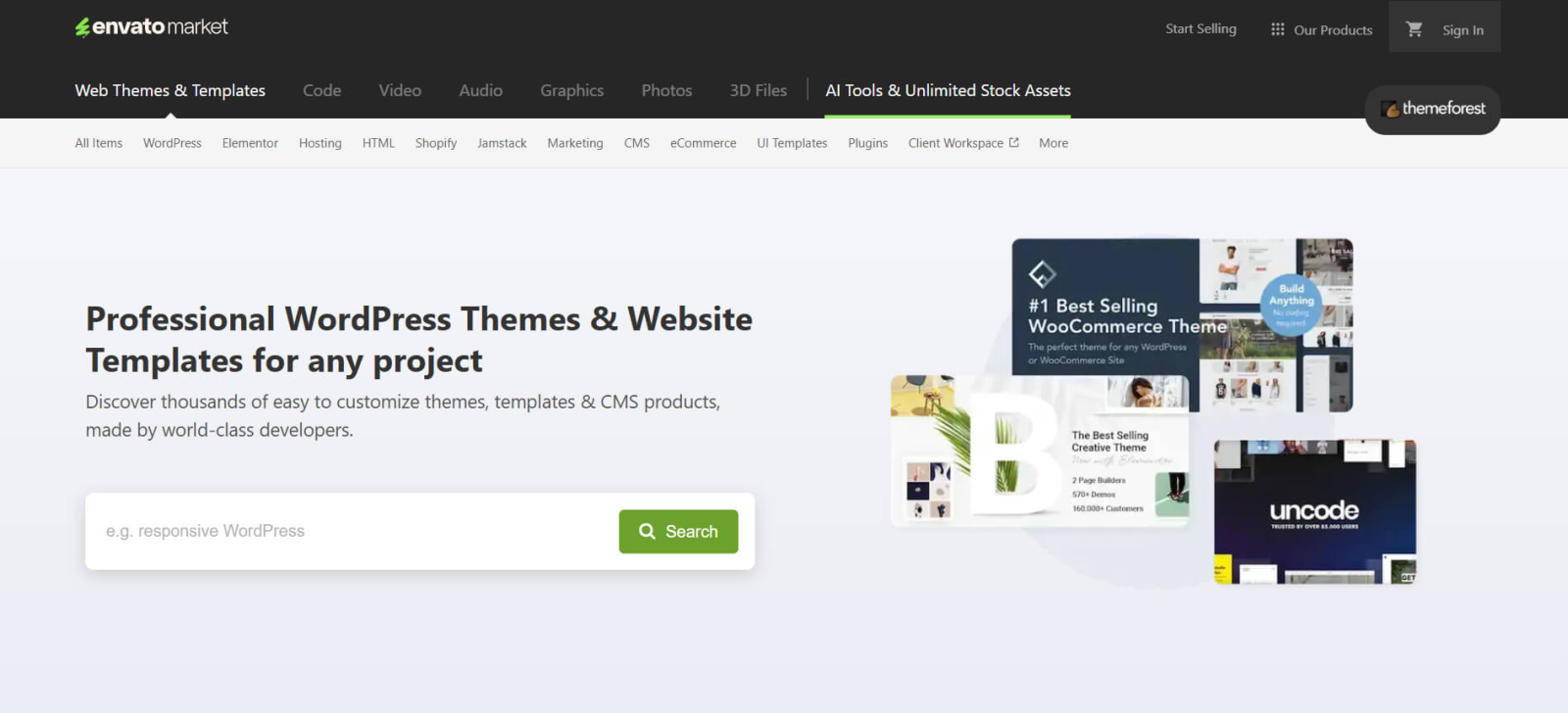Envato Market homepage showing WordPress themes and website templates available for download.
