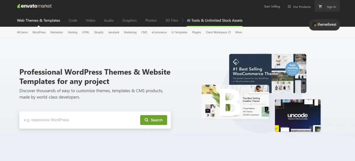 Envato Market homepage showing WordPress themes and website templates available for download.