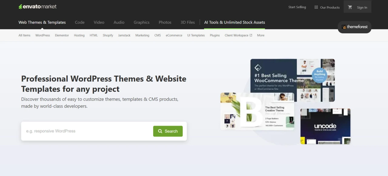 Envato Market homepage showing WordPress themes and website templates available for download.