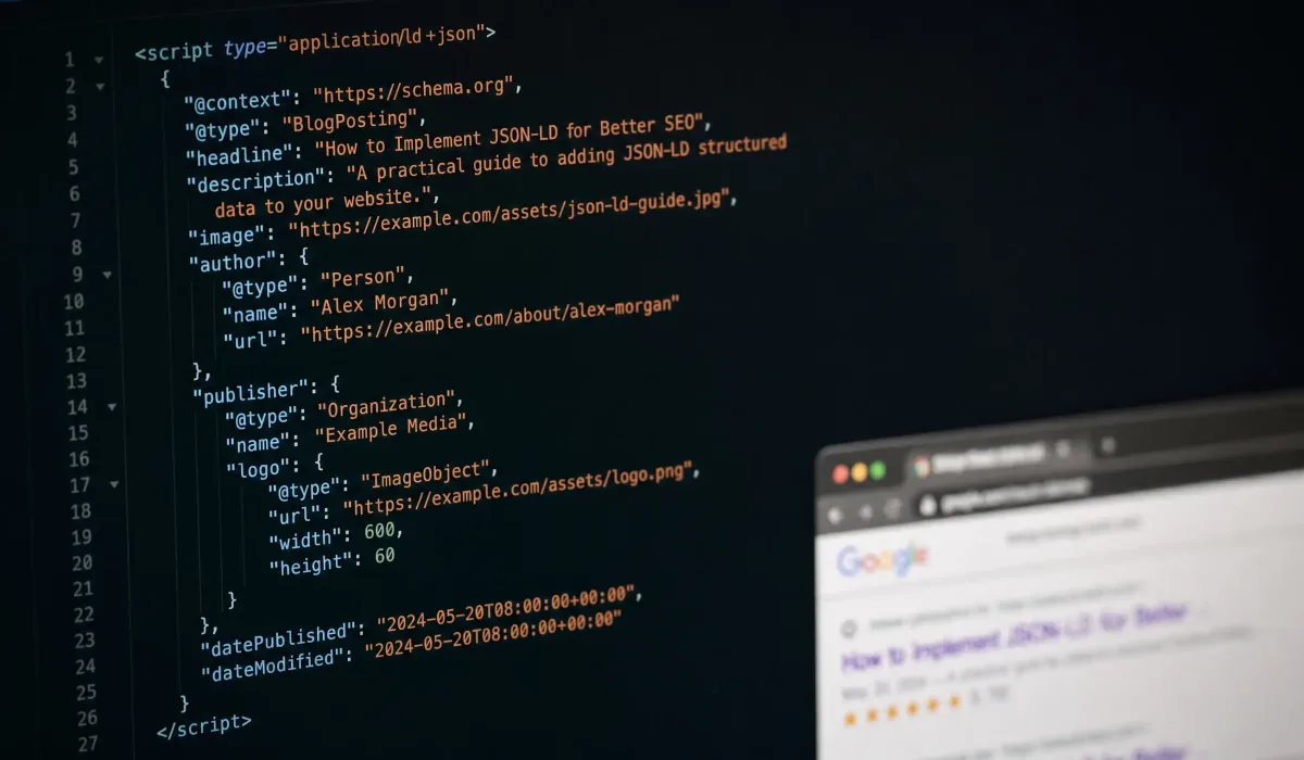 JSON-LD schema markup displayed in a code editor with a Google search result shown in the background.