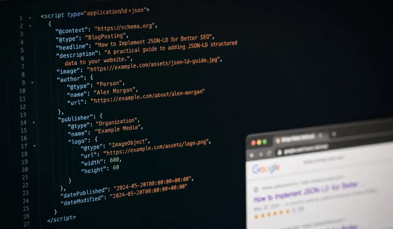 JSON-LD schema markup displayed in a code editor with a Google search result shown in the background.