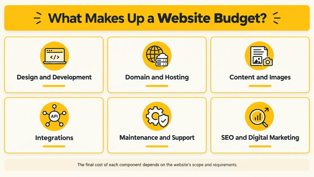 Website budget costs for web design, development, hosting, content, integrations, maintenance, SEO and digital marketing