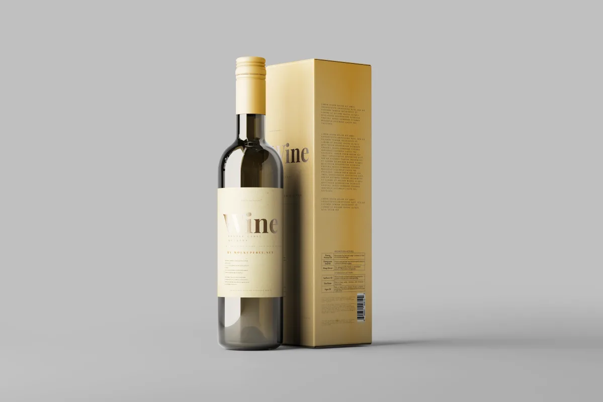 Wine bottle and box PSD mockup, amber glass bottle with cream gold-foil Wine label standing beside its matching retail packaging box.
