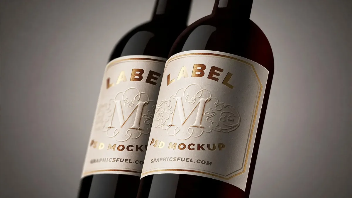 Close-up of two wine bottles with cream labels, gold foil Label PSD Mockup text and an embossed M monogram, on a plain grey background.