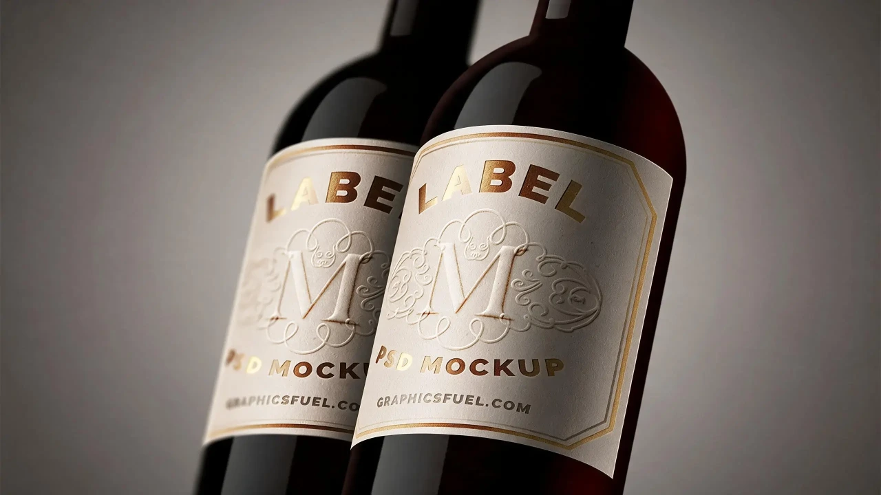 Close-up of two wine bottles with cream labels, gold foil Label PSD Mockup text and an embossed M monogram, on a plain grey background.