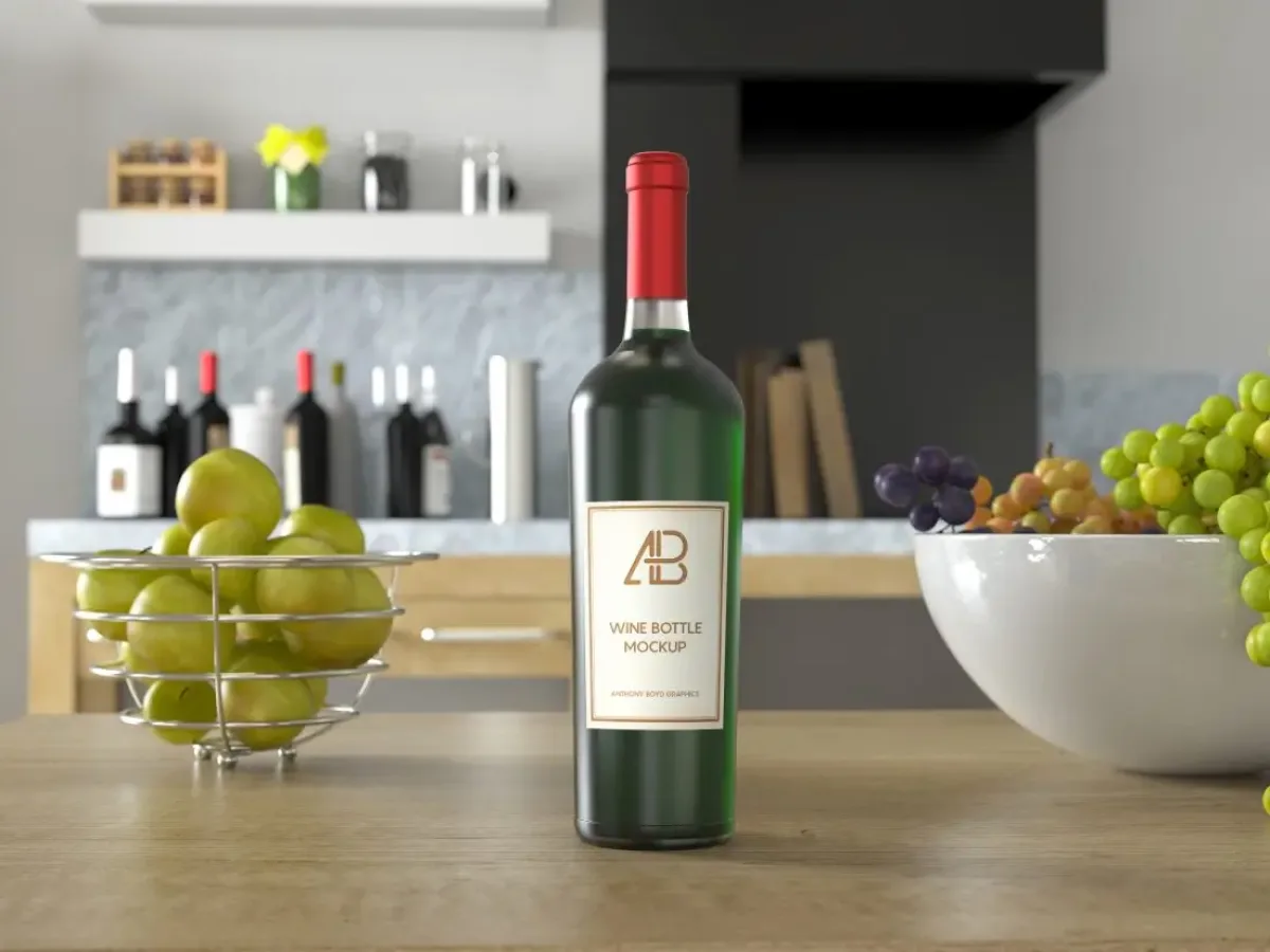 Green wine bottle with red foil cap and AB Wine Bottle Mockup label on a wooden kitchen counter, with grapes, apples and wine bottles in the background.