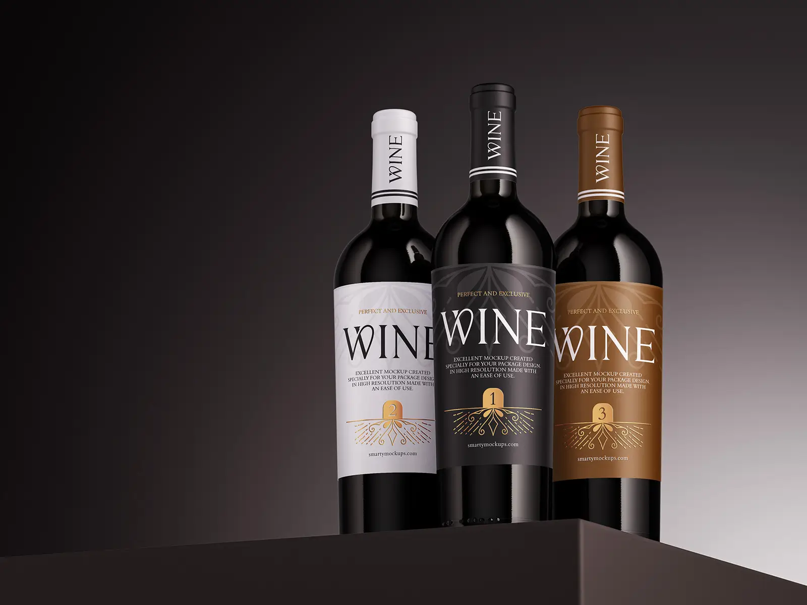 Three wine bottles with numbered Wine labels in white, black and copper colour variants, standing on a dark pedestal against a gradient background.