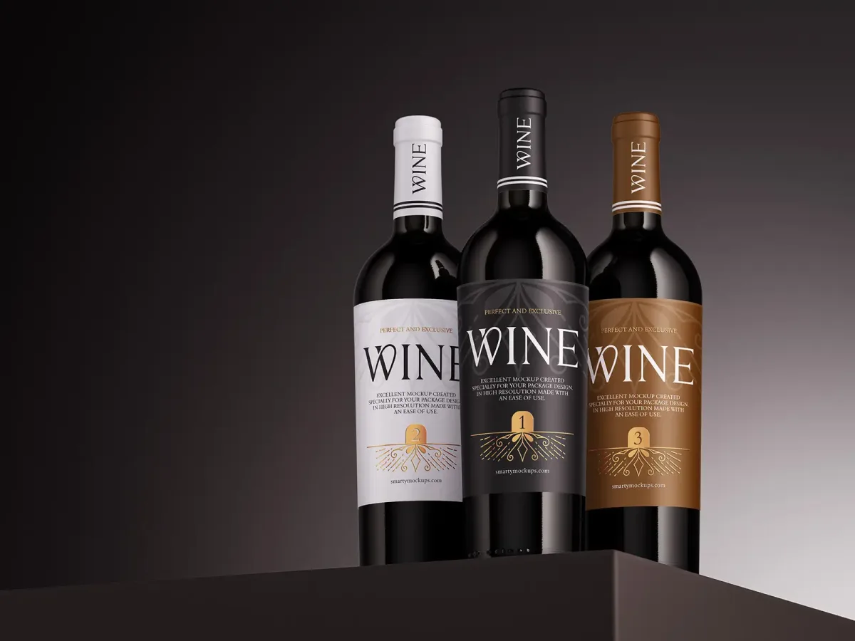 Three wine bottles with numbered Wine labels in white, black and copper colour variants, standing on a dark pedestal against a gradient background.