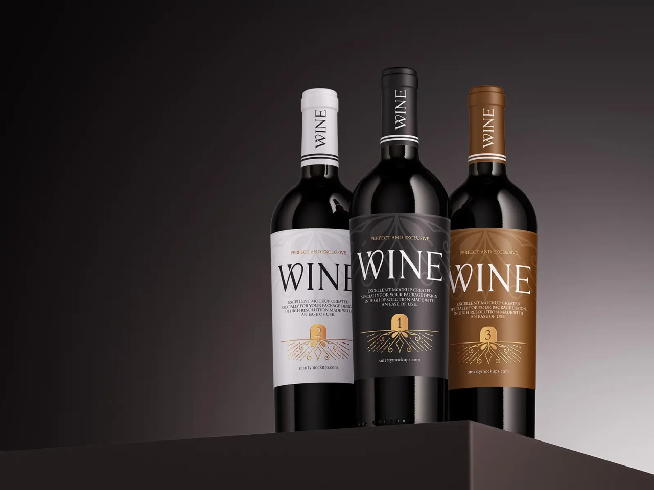 Three wine bottles with numbered Wine labels in white, black and copper colour variants, standing on a dark pedestal against a gradient background.
