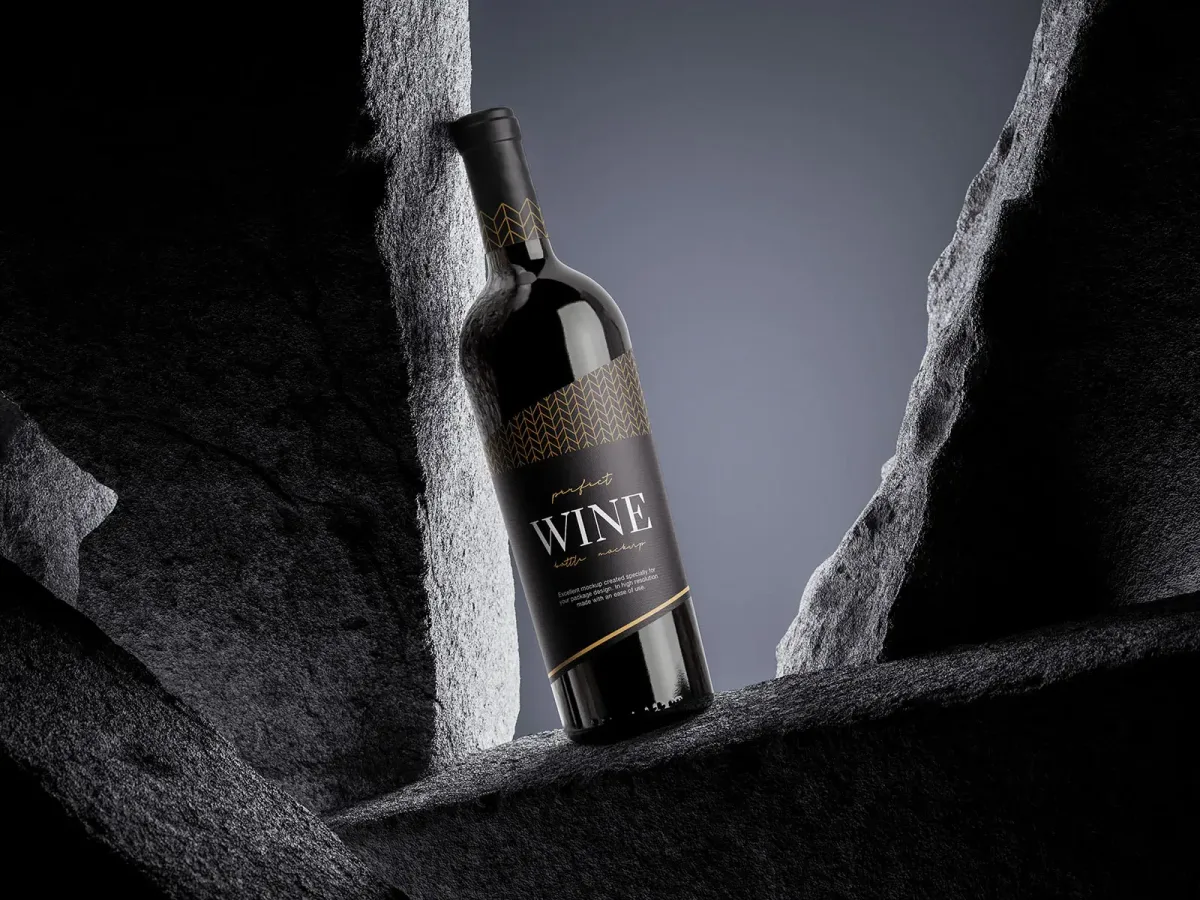 Dark wine bottle with gold geometric Wine label standing upright in a narrow gap between two jagged rock formations, moody grey sky visible behind.