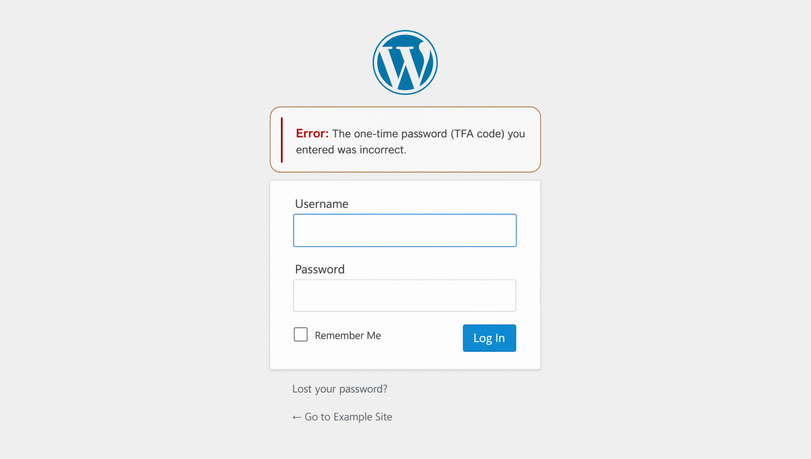 WordPress login screen displaying an incorrect two-factor authentication (2FA) code error, illustrating multi-factor authentication security for WordPress websites.