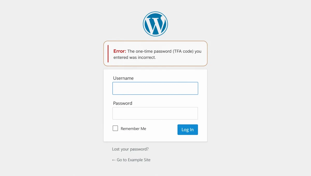 WordPress login screen displaying an incorrect two-factor authentication (2FA) code error, illustrating multi-factor authentication security for WordPress websites.