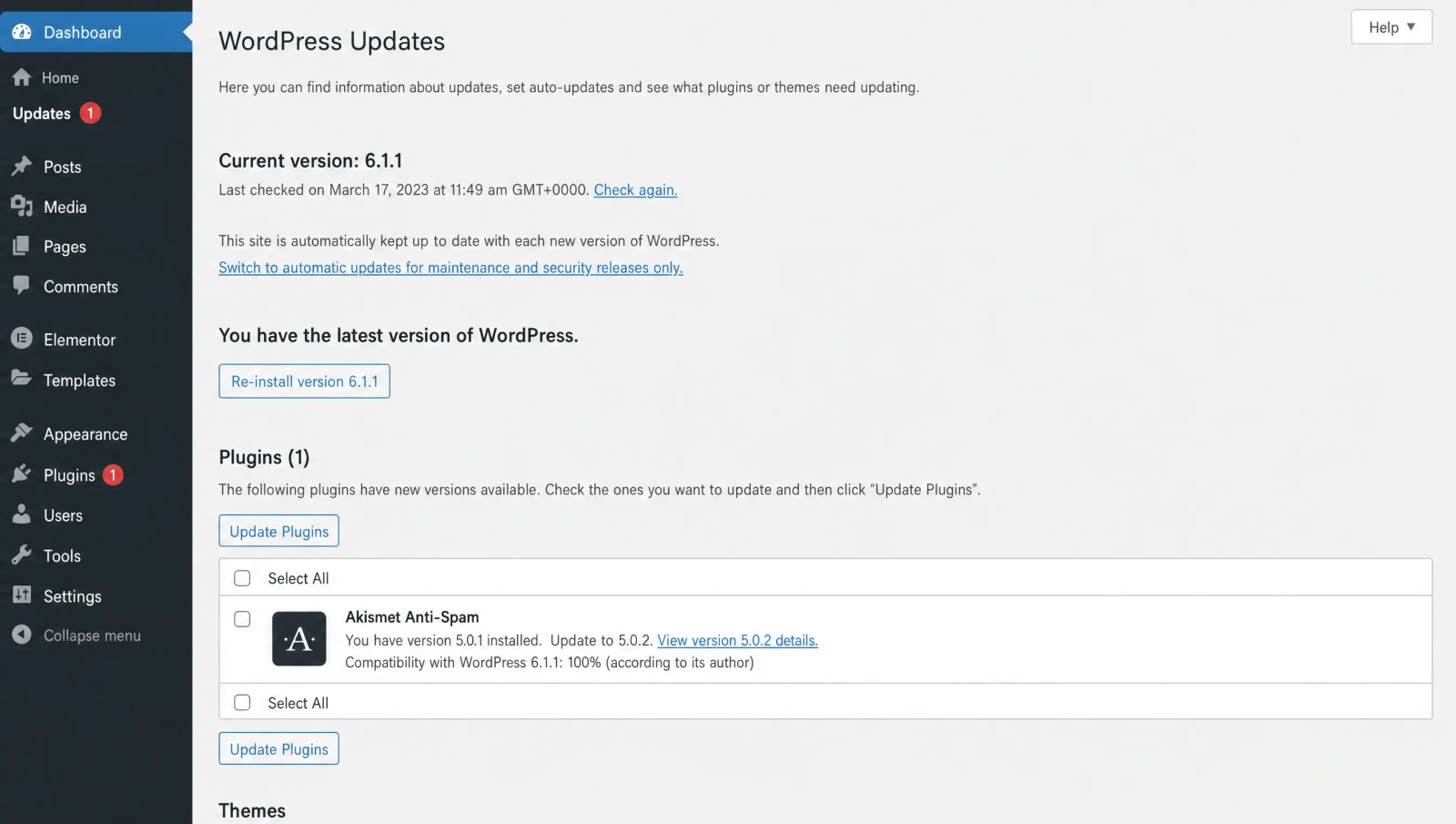 WordPress Updates screen showing the latest WordPress version and a pending plugin update notification.