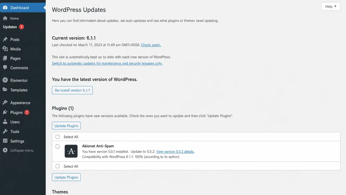 WordPress Updates screen showing the latest WordPress version and a pending plugin update notification.