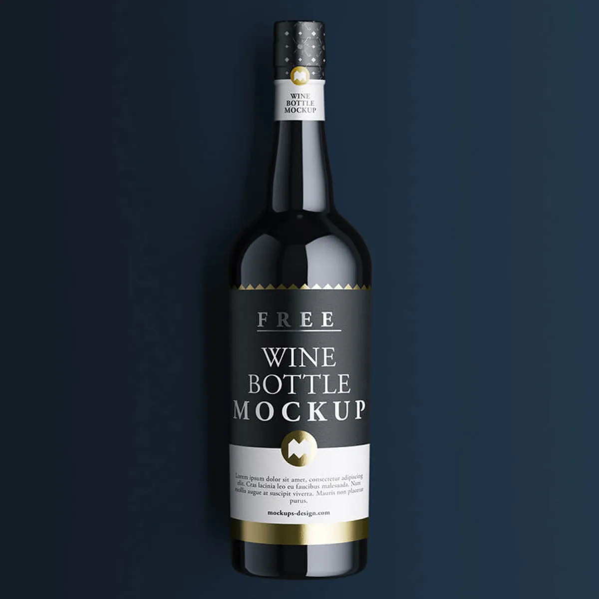 Premium black wine bottle mockup featuring an elegant dark label design on a blue background