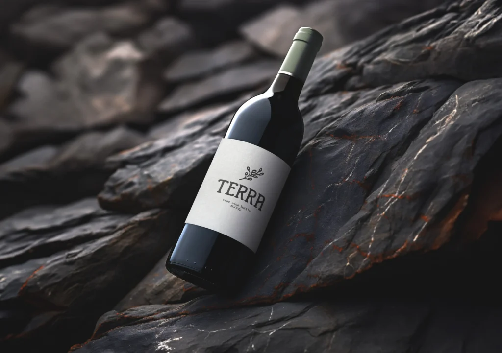 Free Red Wine Bottle on a Rock Mockup - Free Wine Bottle PSD Mockups