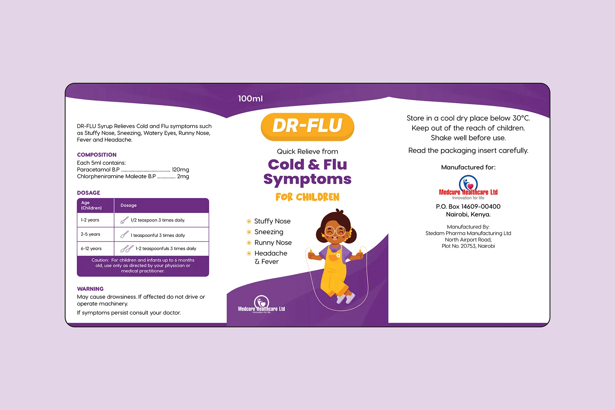 DR-FLU Cold & Flu Syrup Box and Label Design Mockup
