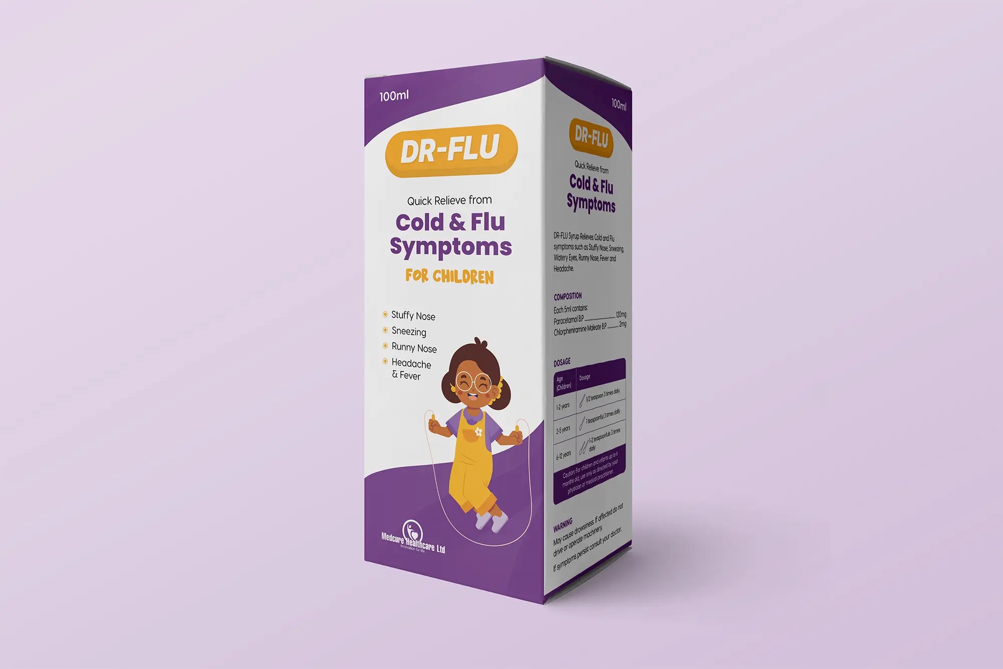 DR-FLU Cold & Flu Syrup Box and Label Design Mockup