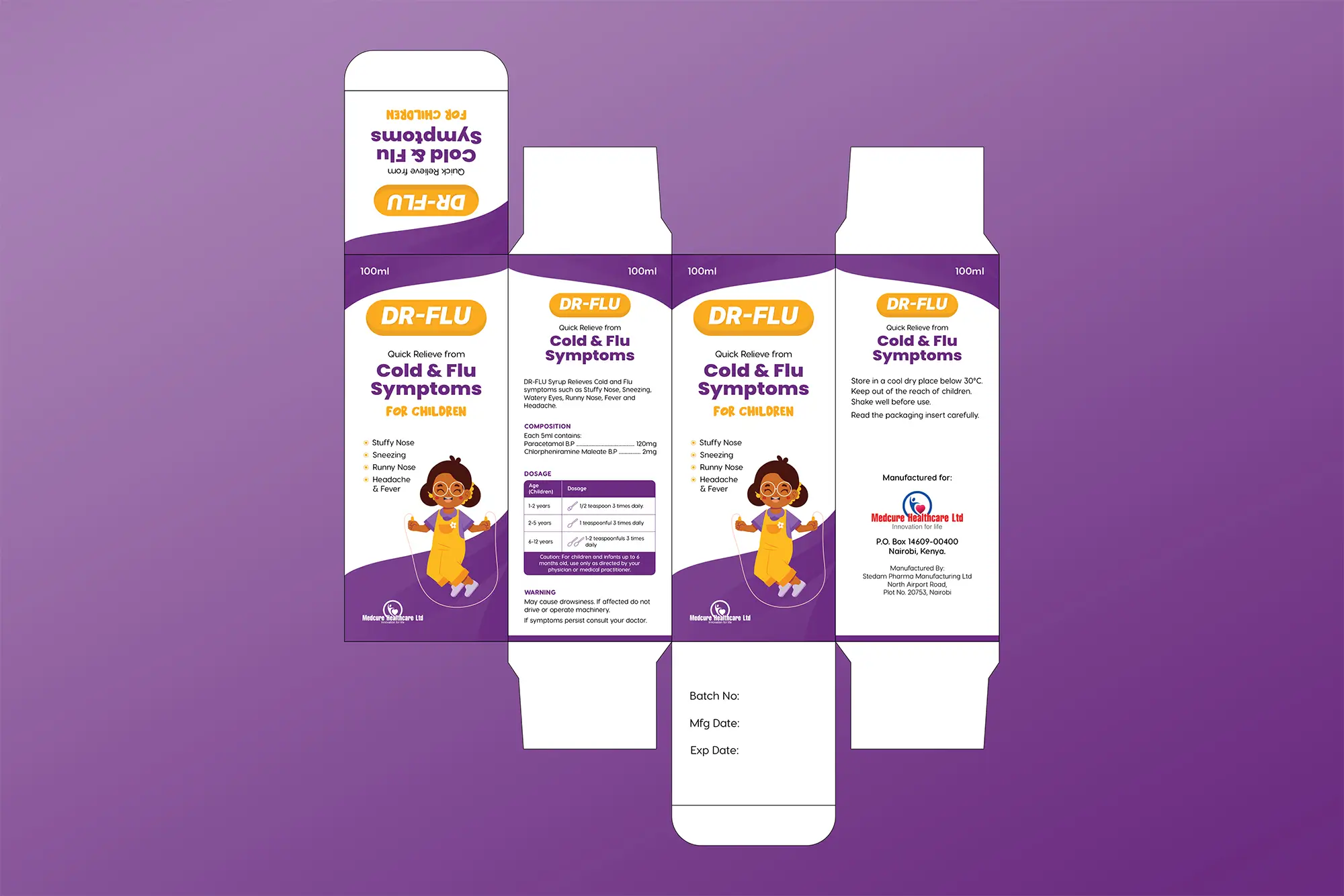 DR-FLU Cold & Flu Syrup Box and Label Design Mockup